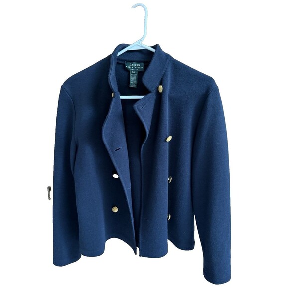 Ralph Lauren Merino Wool Jacket Size L Petite Navy Blue Gold Buttons - Picture 2 of 9